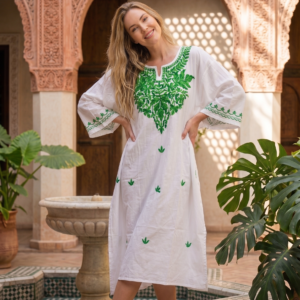 Handmade Rayon Aari Work Kaftan – Elegant Green Embroidered Long Kaftan for Women